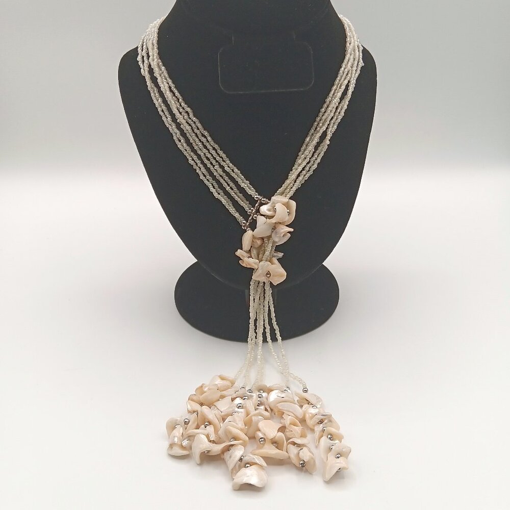 Ivory Seed Bead Lariat Shell Necklace 20” Tassel Elegant Boho Coastal Islands